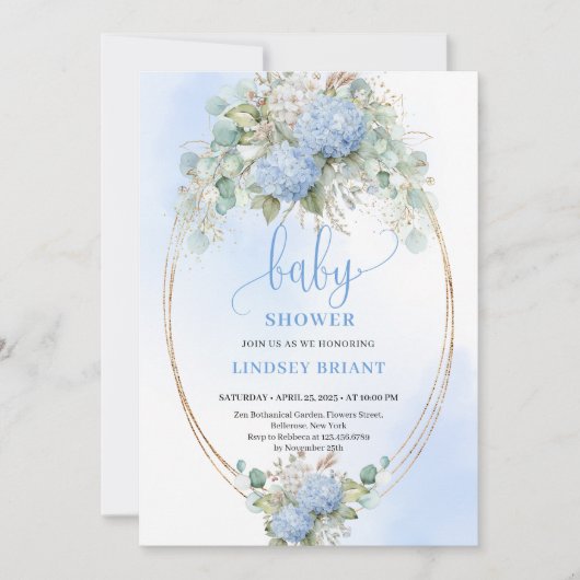 Soft Boho Blue Floral Baby Shower Gold Invitation 招待状 (正面)