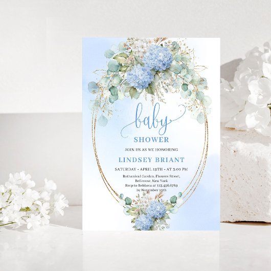 Soft Boho Blue Floral Baby Shower Gold Invitation 招待状