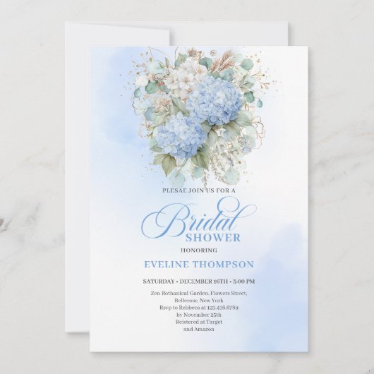 Soft Boho Blue Floral Bridal Shower Gold Invitatio 招待状 (正面)