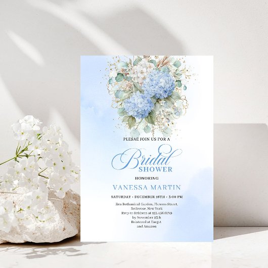 Soft Boho Blue Floral Bridal Shower Gold Invitatio 招待状
