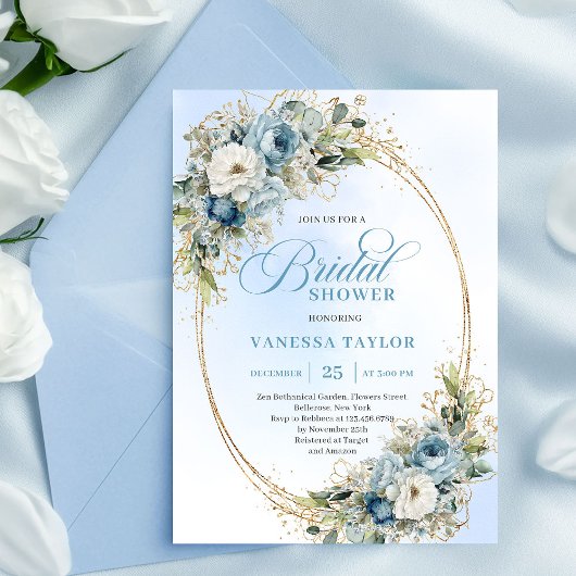 Soft Boho Dusty Blue Floral Greenery Bridal Shower 招待状