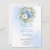 Soft Boho Dusty Blue White Peony Greenery Wedding 招待状 (正面)