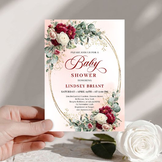 Soft Boho Marsala Peony Baby Shower Invite 招待状
