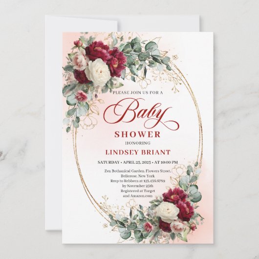 Soft Boho Marsala Peony Baby Shower Invite 招待状 (正面)
