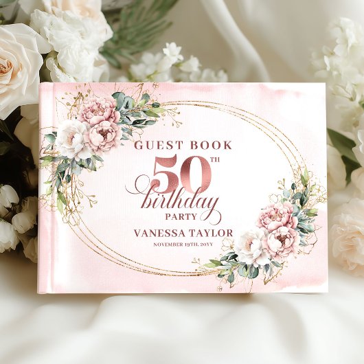 Soft Botanical Blush 50th Birthday Guest Book ゲストブック