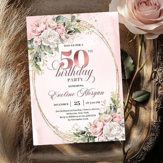 Soft Botanical Blush 50th Birthday Invitation 招待状