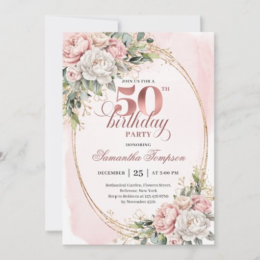 Soft Botanical Blush 50th Birthday Invitation 招待状 (正面)
