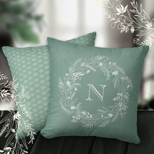 Soft botanical foliage wreath letter N クッション