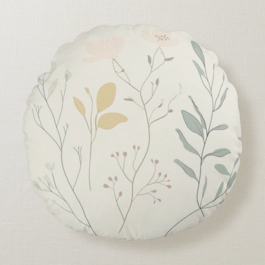 Soft Botanical Pillow – Minimal Pastel Floral ラウンドクッション (正面)
