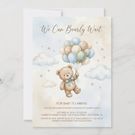 Soft Brown and Sage Balloon Teddy Bear Baby Shower 招待状 (正面)