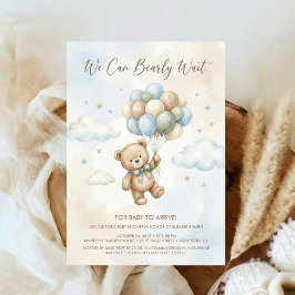 Soft Brown and Sage Balloon Teddy Bear Baby Shower 招待状