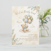 Soft Brown and Sage Balloon Teddy Bear Baby Shower 招待状 (スタンド正面)