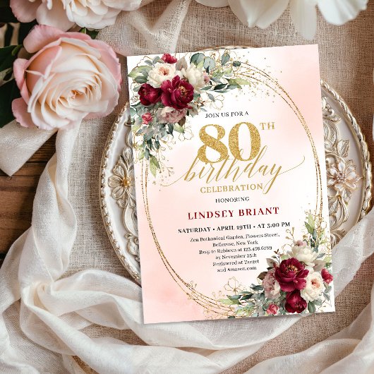 Soft Burgundy Bohemian Floral 80th Birthday Invite 招待状