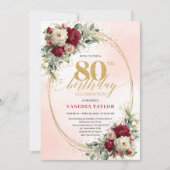 Soft Burgundy Floral Gold 80th Birthday Invitation 招待状 (正面)
