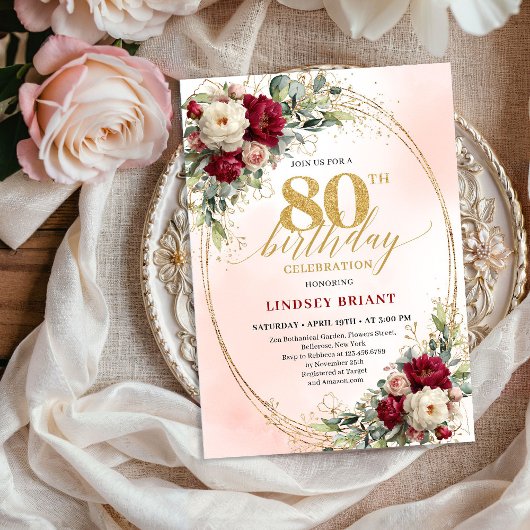 Soft Burgundy Floral Gold 80th Birthday Invitation 招待状