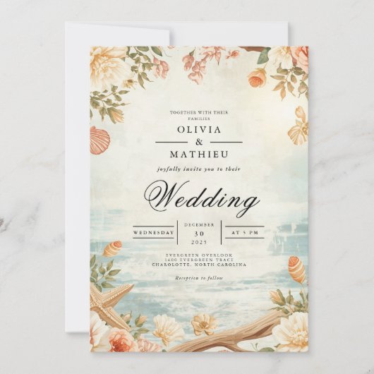 Soft Coastal Blossom Floral Wedding 招待状 (正面)