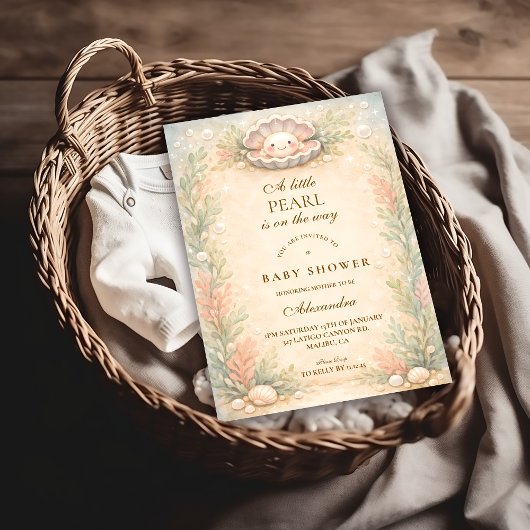 Soft Coastal Pearl Storybook Baby Shower 招待状
