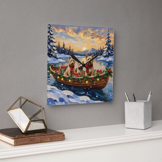 Soft Coated Wheaten Terrier Christmas Boat Holiday スクエア壁時計 (オフィス)