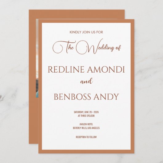 Soft Copper Minimalist Modern Calligraphy Wedding 招待状 (正面/裏面)