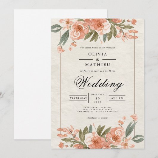 Soft Coral Bloom Archway Wedding 招待状 (正面/裏面)
