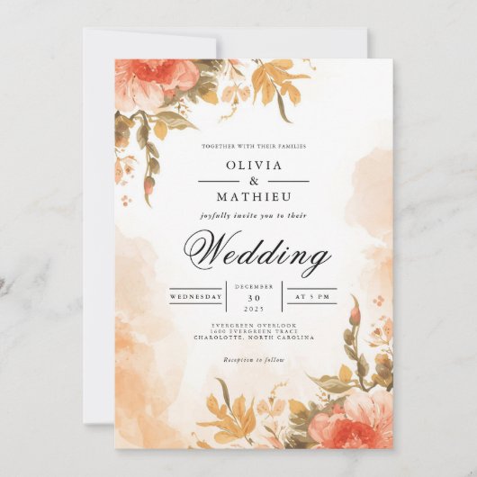 Soft Coral Botanical Wash Wedding 招待状 (正面)
