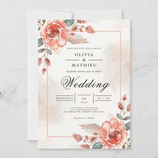 Soft Coral Floral Archway Wedding 招待状 (正面)