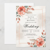 Soft Coral Floral Archway Wedding 招待状 (正面/裏面)