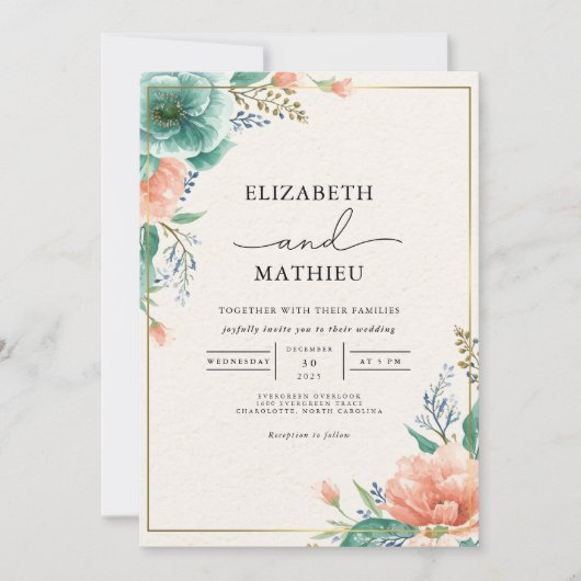 Soft Coral Teal Floral Wedding 招待状 (正面)