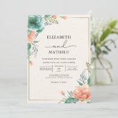 Soft Coral Teal Floral Wedding 招待状 (スタンド正面)