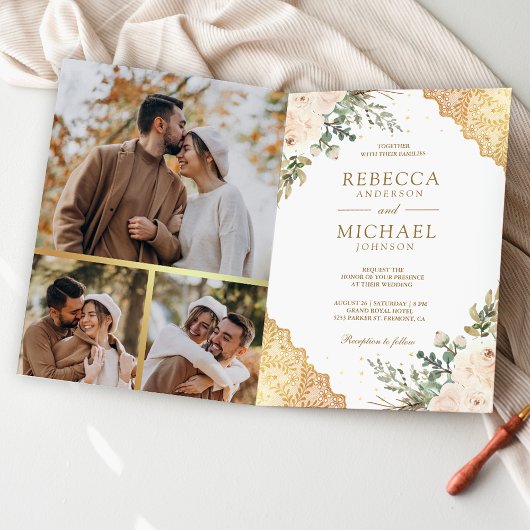 Soft Cream Roses Gold Lace QR Code Wedding 招待状