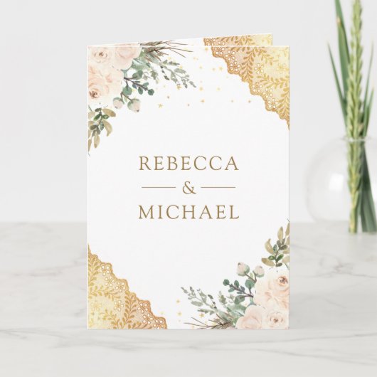 Soft Cream Roses Gold Lace QR Code Wedding 招待状 (正面)