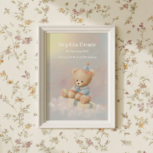 Soft Cute Teddy Bear Birth Details Poster ポスター