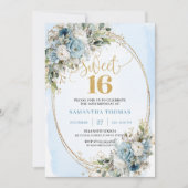 Soft Dusty Blue Floral Gold Sweet Sixteen Invite 招待状 (正面)