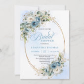 Soft Dusty Blue Floral Script Bridal Shower Invite 招待状 (正面)