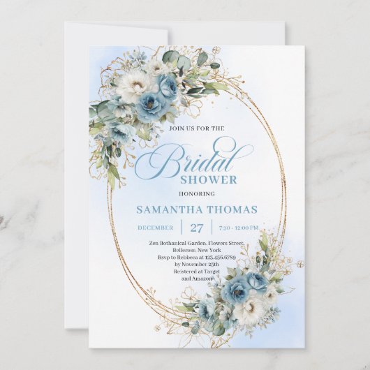 Soft Dusty Blue Floral Script Bridal Shower Invite 招待状 (正面)
