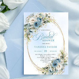 Soft Dusty Blue Floral Script Bridal Shower Invite 招待状