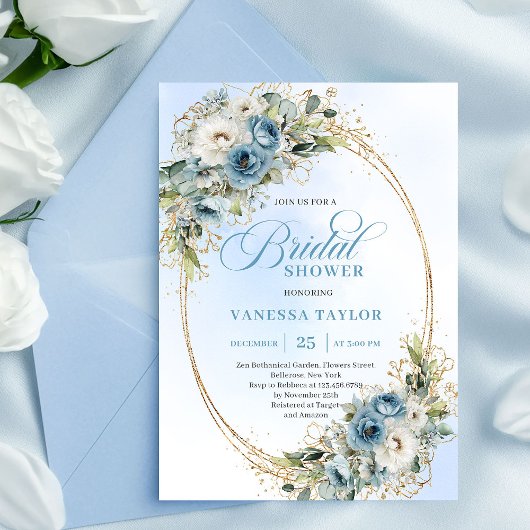 Soft Dusty Blue Floral Script Bridal Shower Invite 招待状