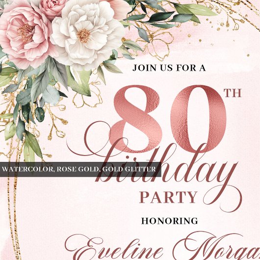 Soft Dusty Pink Floral Eucalyptus 80th Birthday  招待状
