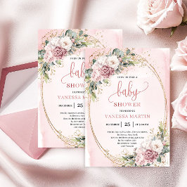 Soft Dusty Pink Flowers Eucalyptus Baby Shower Gir 招待状