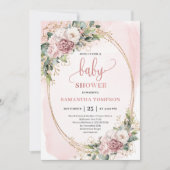 Soft Dusty Pink Flowers Eucalyptus Baby Shower Gir 招待状 (正面)