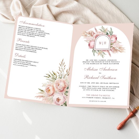 Soft Dusty Rose Pink Floral Pampas QR Code Wedding 招待状