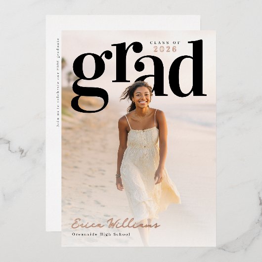 Soft Editorial Grad PhotoPop Graduation 箔招待状 (正面/裏面)