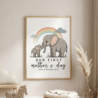 Soft Elephant Mom Baby First Mothers Day Calm Art ポスター