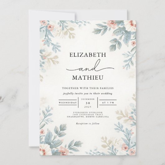 Soft Floral Botanical Flourish Wedding 招待状 (正面)