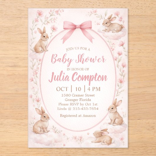 Soft Floral Bunny Baby Shower Invitation  アクリル招待状 (正面)