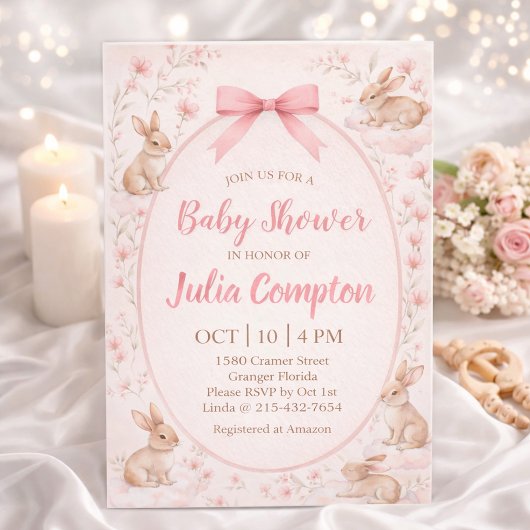 Soft Floral Bunny Baby Shower Invitation  ポストカード