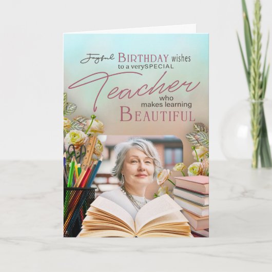 Soft Floral Teacher Birthday Keepsake Photo  カード (正面)