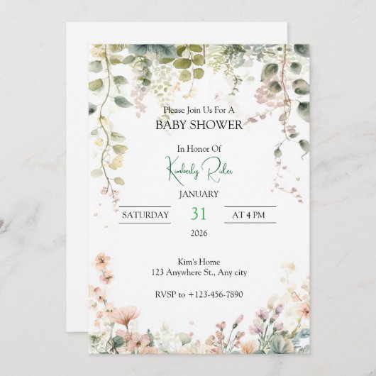 Soft Floral Watercolor Frame 招待状 (正面/裏面)