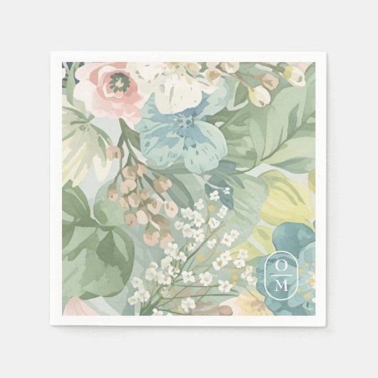 Soft Floral Watercolor Monogram Wedding スタンダードカクテルナプキン (正面)