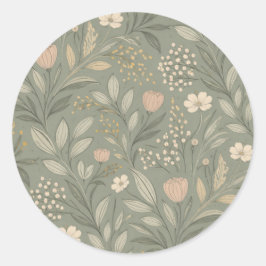Soft Flowers on Sage Green Earthy Tones ラウンドシール